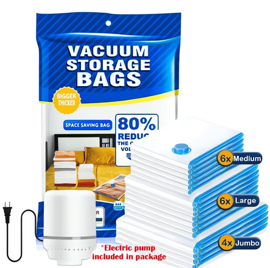 6/12Pcs Vacuum Storage Bags With Electric Pump Reusable Space Saver Compression Seal Bag For Clothes Blankets Comforters Pillows Bedding Wardrobe Closet Organizer Heavy Duty Travel Luggage Packing