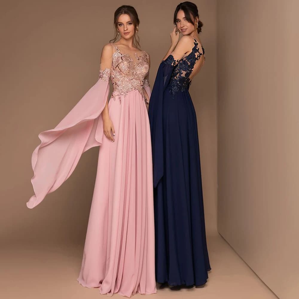 Affascinante abito da sera in Chiffon con maniche svasate scollo tondo a-line lunghezza del pavimento delicato Tulle Applique abiti Sexy senza schienale Robe