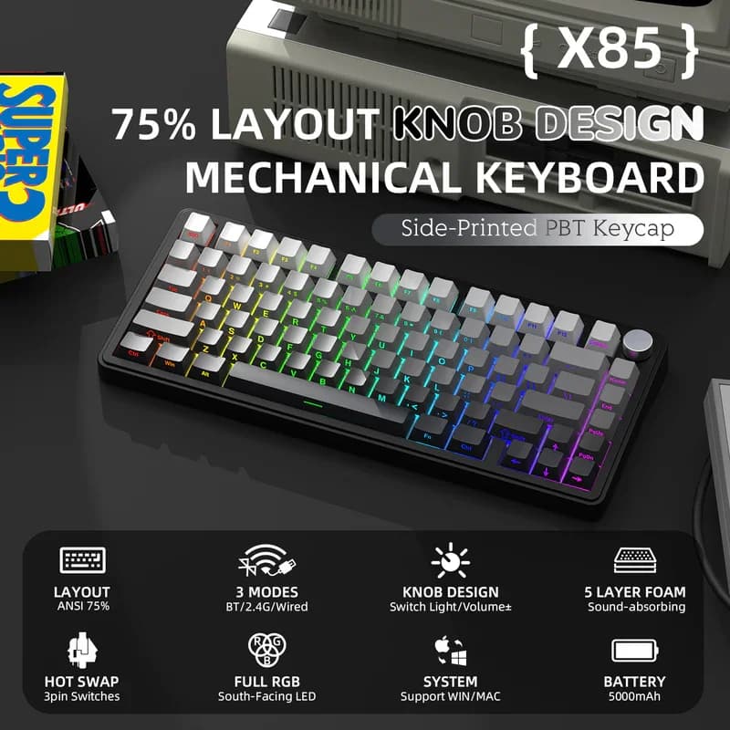 Tastiera Meccanica Attack Shark X85 RGB Tri-Mode (2.4G/Bluetooth/Cablata) con Tasti Hot-Swap e Manopole in Metallo, Compatibile con Win e Mac