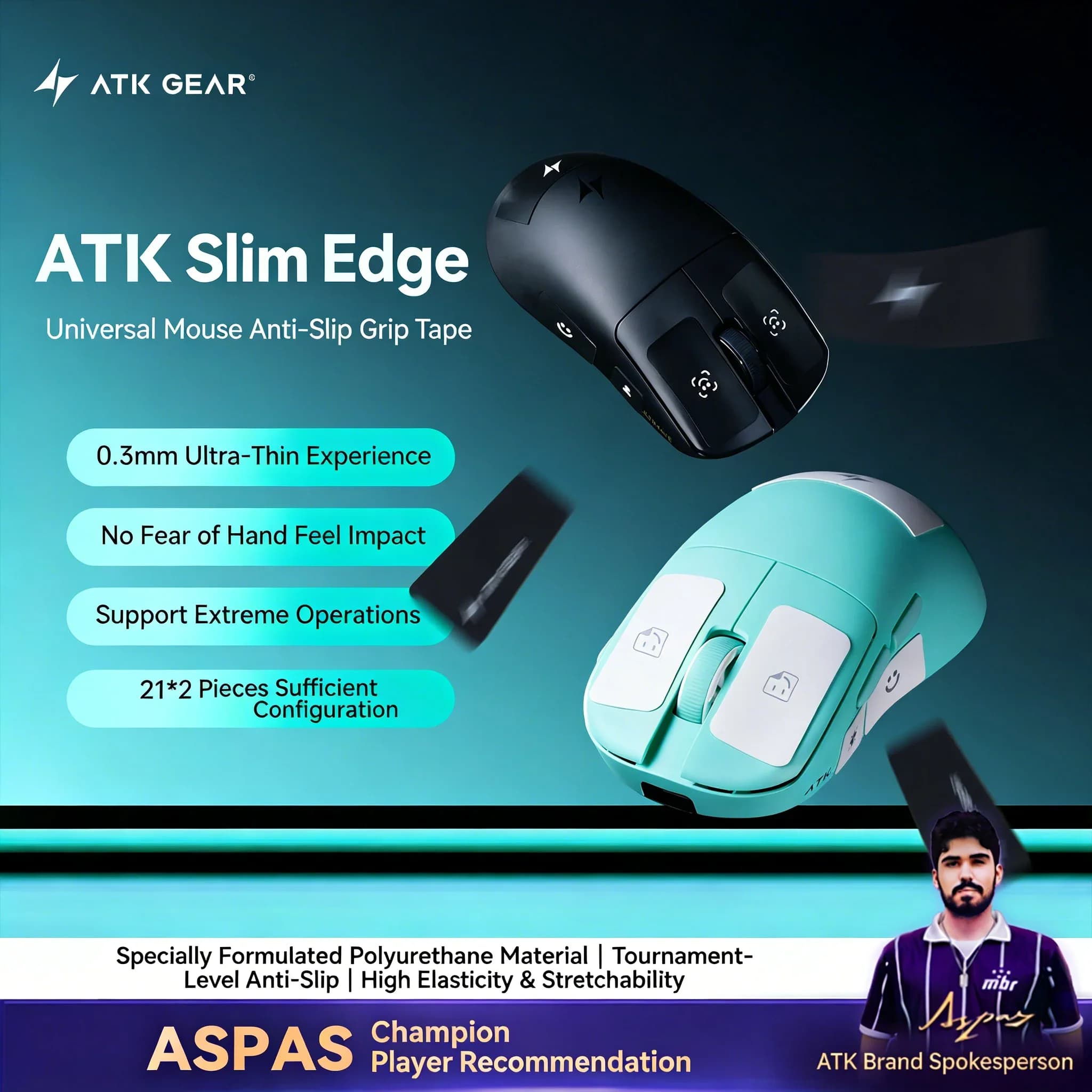 Nastro Antiscivolo ATK Slim Blade per Mouse, Cuscinetti in Poliuretano Ultra-Sottili, Assorbenti di Sudore, Altamente Elastici, Estensibili, Universali per Gaming