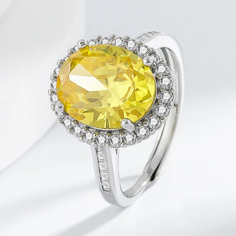 Anello in argento sterling 925 con zircone giallo brillante con uovo di colomba ovale alla moda, gioielli da banchetto eleganti di lusso leggero da donna