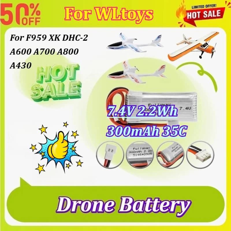Nuova Batteria per Drone 7.4V 300mAh 2S 2.2Wh 35C per WLtoys F959 XK A600 A700 A800 DHC-2 A430, Ricambio LiPo per Droni RC