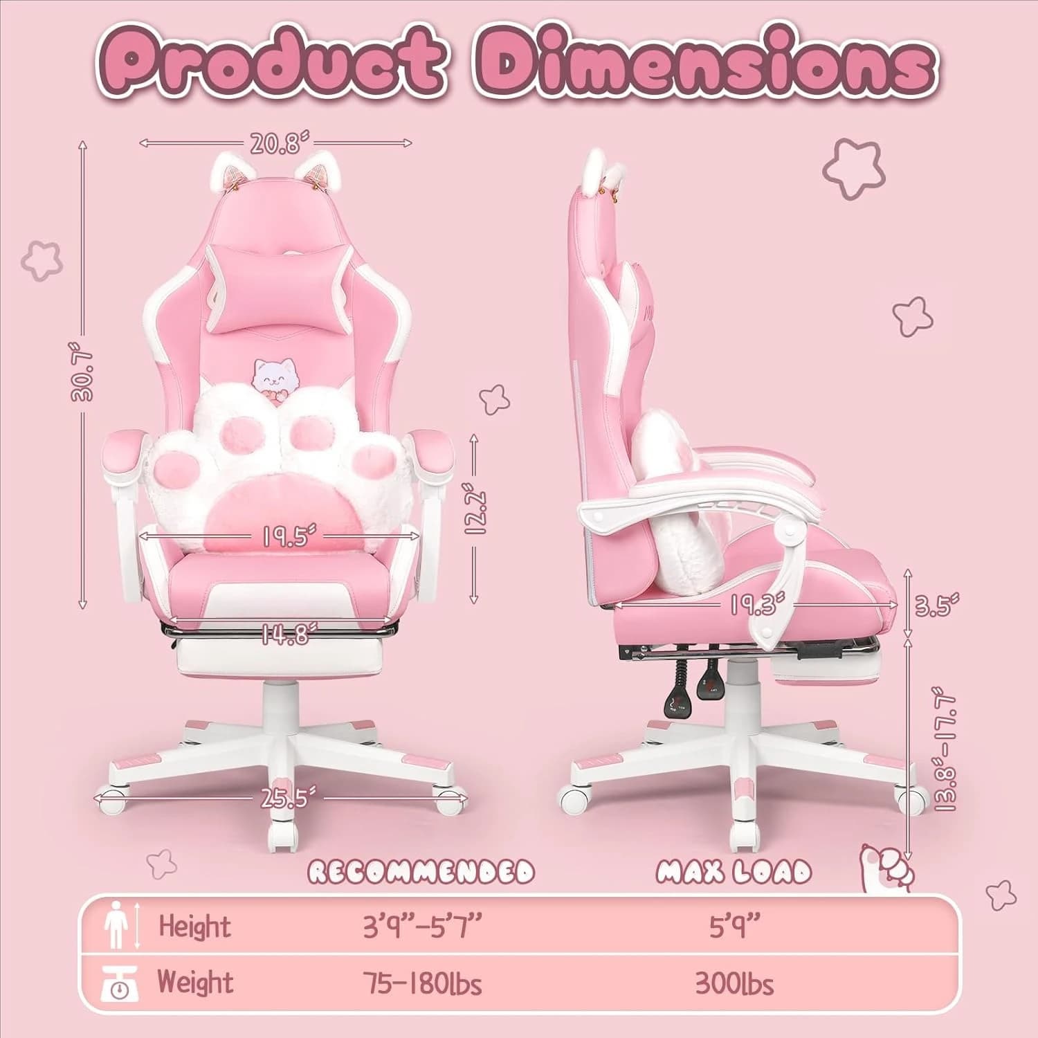 Sedia da Gaming Rosa con Orecchie e Zampe di Gatto, Sedia Ergonomica da Computer con Poggiapiedi per Ragazze, Personalizzabile