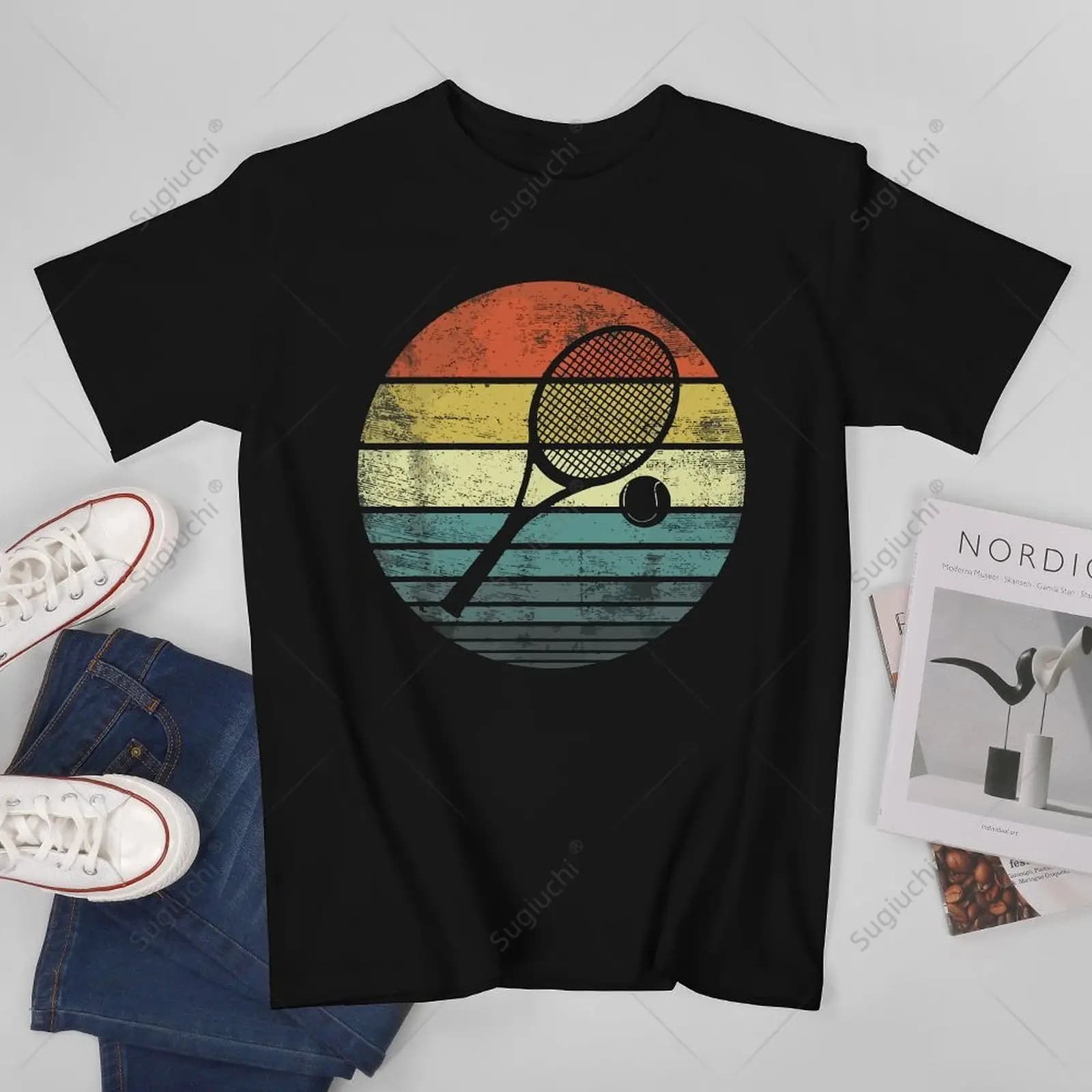 Unisex Uomo Giocatore di tennis Regali Retro Sunset Racchetta da tennis e allenatore di palline Tshirt T-shirt Donna Ragazzi T-shirt in cotone 100%