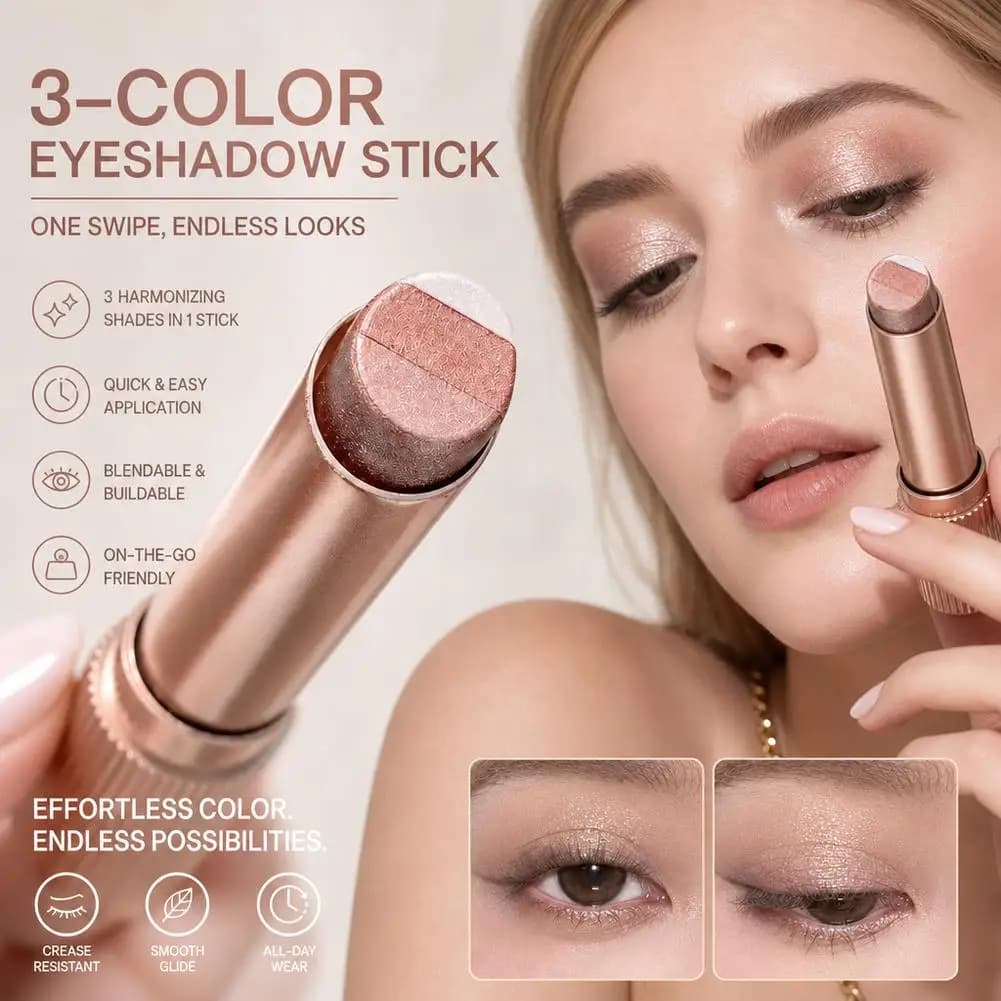 3 IN 1 Shimmer Eyeshadow Stick, Portable Three Tone Glitter Gradient Eyeshadow Stick Waterproof Eye shadow Pen for Eye Make Up