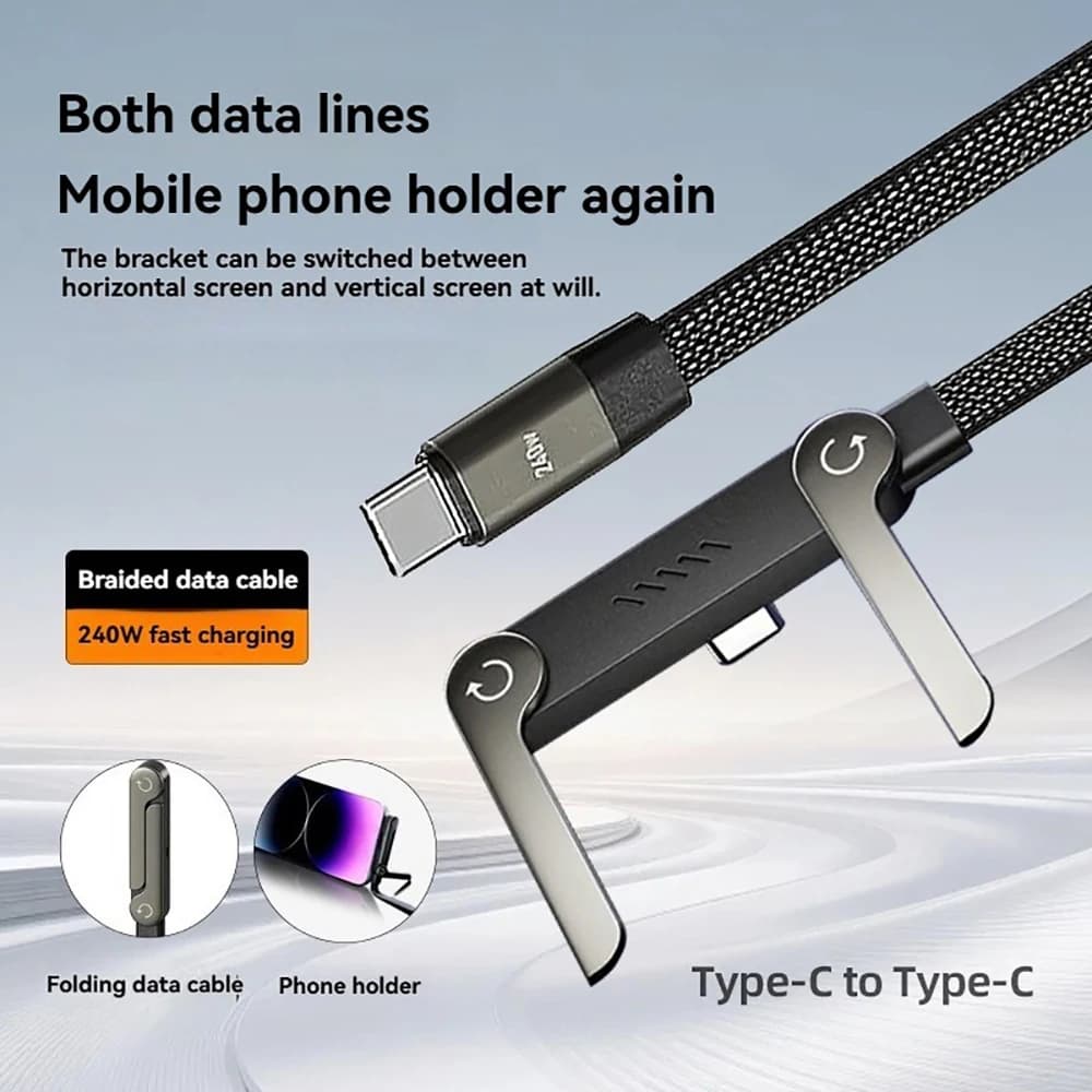 Caricabatterie Creativo da 240W con Supporto per Telefono Integrato, Cavo di Ricarica Rapida 2-in-1, Caricatore Laterale per Smartphone e Tablet