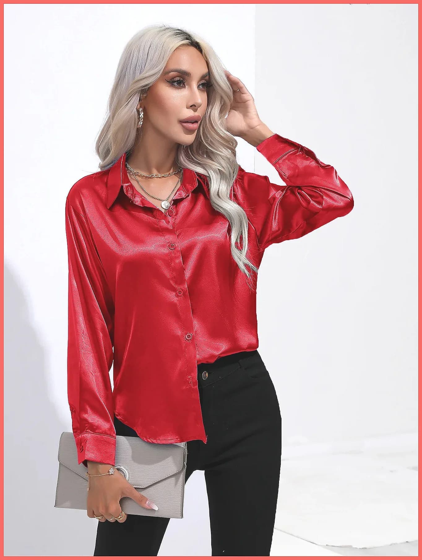 Camicia in Raso Primavera-Estate 2025 per Donne, Blusa in Seta con Scollo a V e Maniche Lunghe, Camicia Larga da Ufficio in Nero e Bianco