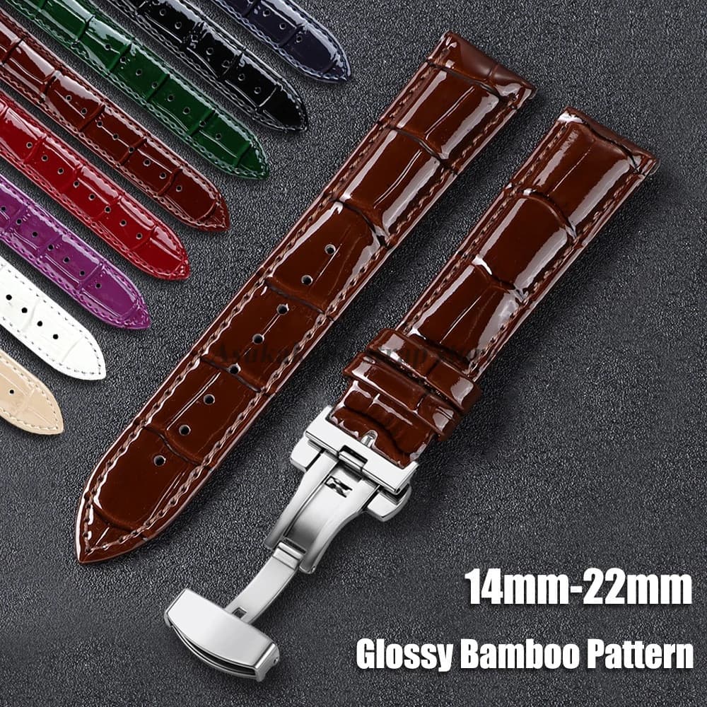 14/16/18/19/20/21/22mm Glossy Bamboo Pattern Leather Watchband Universal Men Women Belt Butterfly Buckle Watch Strap Soft Bands