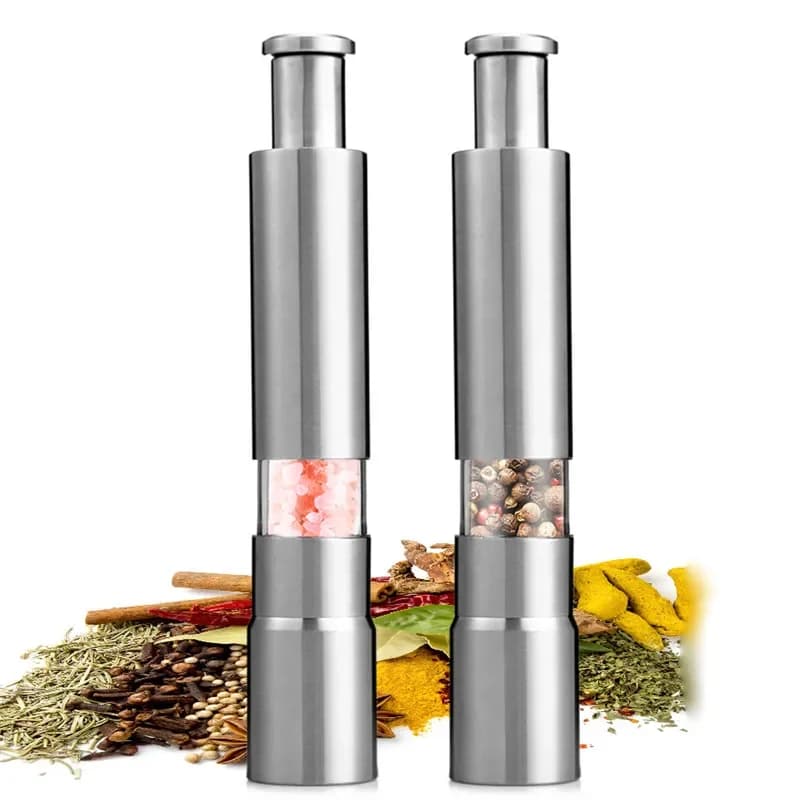 Set di macinapepe manuale per sale e pepe Mulino per pepe con spinta per pollice Macinini per salsa di spezie in acciaio inossidabile con supporto in metallo Utensile da cucina