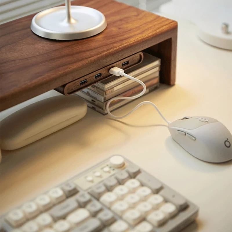 Walnut USB 3.0 Hub 4 Port Extension Adapter for Monitor Stand Wooden Data Transfer Splitter Premium Solid Wood Docking Station