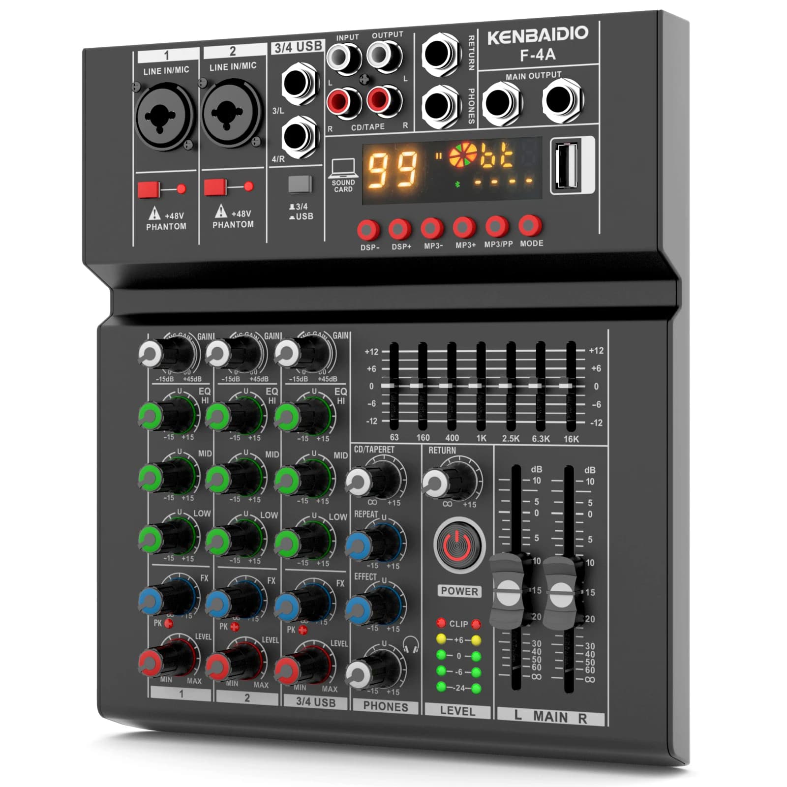 KENBAIDIO Mixer Audio a 4 Canali con 99 DSP, EQ a 7 Bande, Alimentazione Phantom 48V, Ingresso USB Bluetooth MP3, Controller DJ per Karaoke