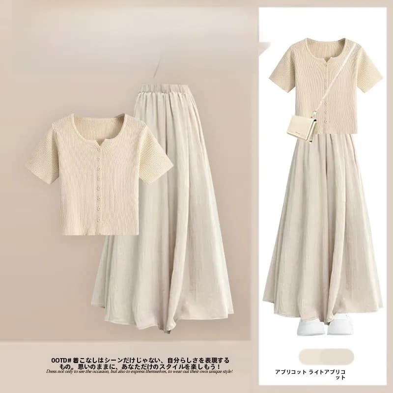 Summer New Sweet Style Short Sleeve T-Shirt And High Waist Slimming Skirt Pants Two-Piece Set for Small Figures Anti-Aging