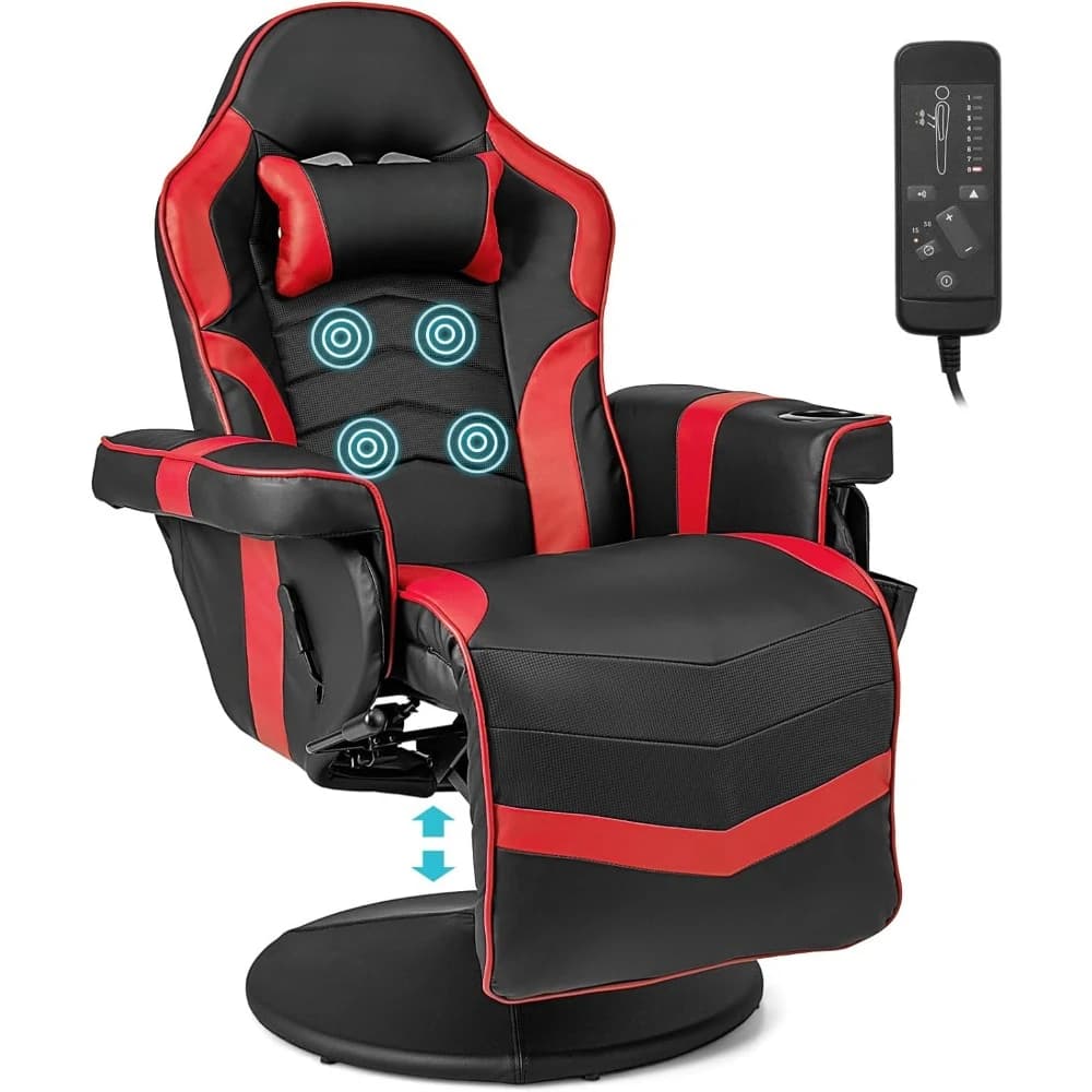 # Per sedia da gioco Goplus, sedia per videogiochi massaggiante regolabile in altezza con poggiapiedi retrattile, portabicchieri, poggiatesta
