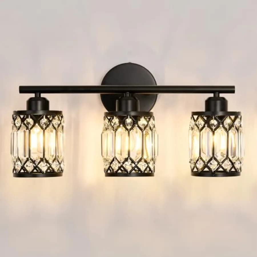Lampada da Bagno a 3 Luci Sopra Specchio, Illuminazione Vintage Nera con Paralume in Vetro, Applique da Parete Stile Fattoria per Camera da Letto