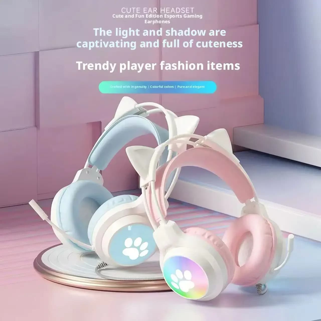 Cuffie Gaming SOYTO con Orecchie da Gatto per Live Streaming, Luci RGB, Cablate, Over-Ear, Design Carino ed Estetico, Cancellazione del Rumore, Bassi Profondi