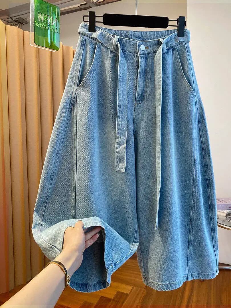 Casual Loose Wide Leg Blue Jeans Women's Summer Loose Versatile Lightweight High Waist Button Pocket Soft Denim Casual Shorts