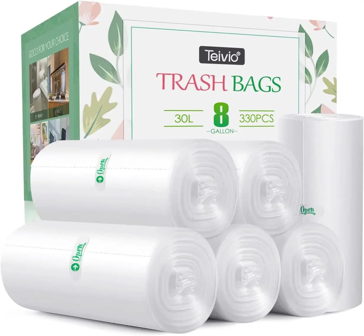 Sacchi per la Spazzatura Non Profumati da 8 Galloni, 330 Pezzi, Adatti per Bidoni da 7-10 Galloni, Sacchetti in Plastica Trasparente Spessa per Casa, Ufficio, Cucina