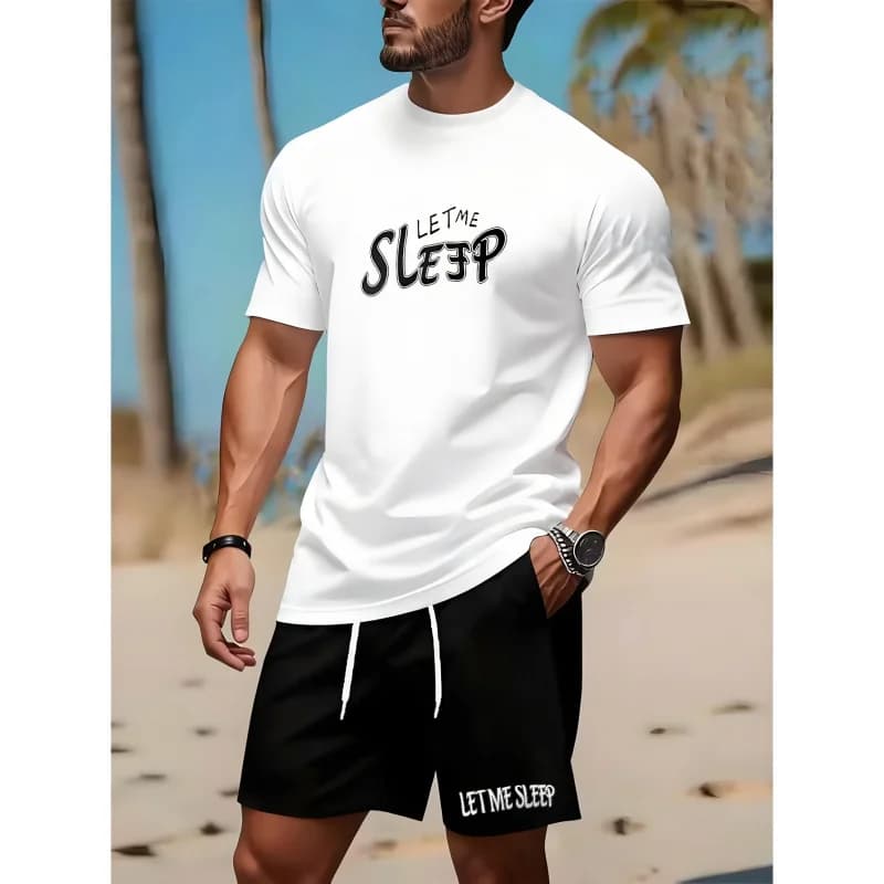 Completo Sportivo Casual da Uomo 2026, Set T-Shirt e Pantaloncini Stile 'LET ME SLEEP': Maglietta Bianca a Maniche Corte + Pantaloncini Neri
