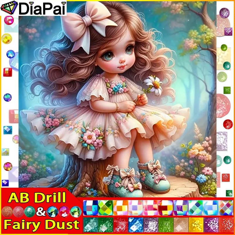 DiaPai Fairy Dust AB Diamond Painting Full Square/Round Diamond "Girl Flowers" Pattern Embroidery Cross Stitch 5D Rhinestone