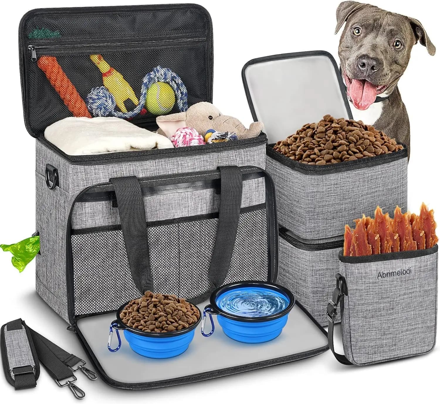Kit da Viaggio Grande per Animali Domestici con 2 Contenitori per Cibo, 1 Organizer per Cani, 2 Ciotole Pieghevoli, 1 Sacchetto per Snack