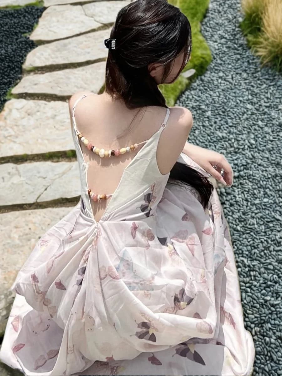 plus Size Elegant Print Beaded Long Slimming Gown Luxury Design Sensation Backless Strap Midi Skirt City Commute