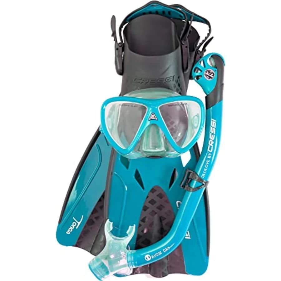 Adult Complete Snorkeling Set for travel: silicone mask dry-top snorkel adjustable fins lightweight Italian-designed Tonga Pro