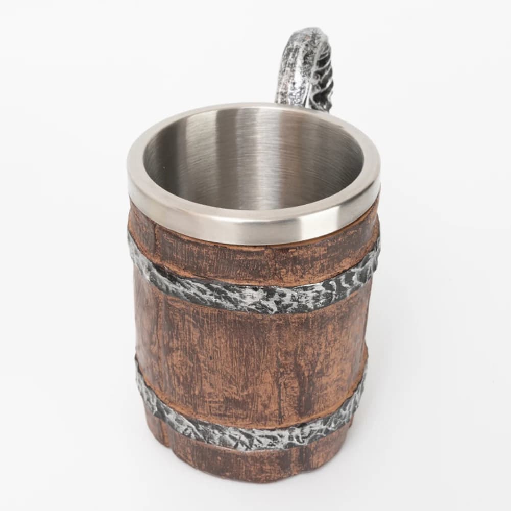 Bicchiere da Birra 500ml Stile Legno, Tazza in Metallo a Doppia Parete Isolante, Boccale Grande a Forma di Barile