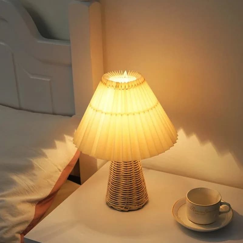 European Table Lamp for Bedroom Bedside Table Bedside Table Light Handmade in Pleated Rattan Estetico Vintage Lamp Vintage Night Light Decorative for Room