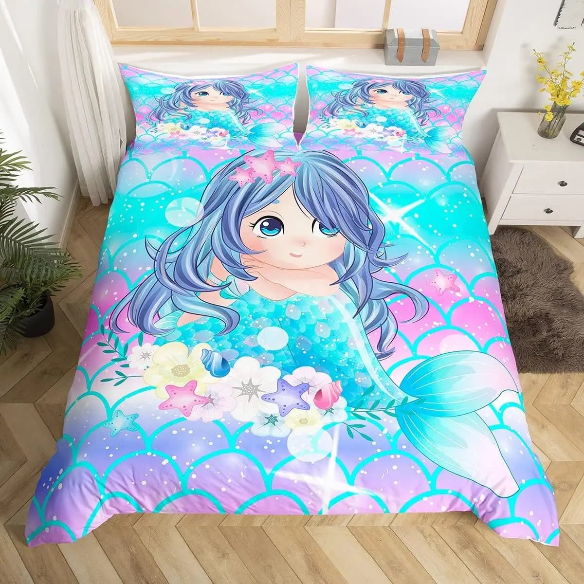 Copripiumino a forma di sirena simpatico cartone animato Set di biancheria da letto a tema Twin Queen Ocean Copripiumino principessa sirena per l'arredamento della camera delle ragazze dei bambini