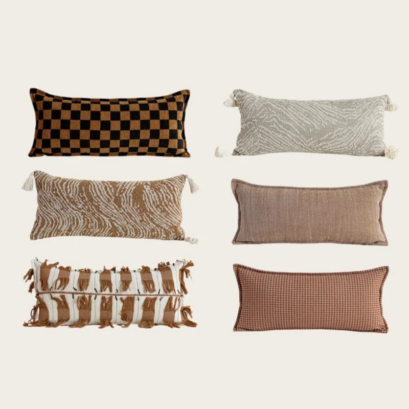 Mid-Century Modern Lumbar Pillow Cover 30x65cm Checkered & Fringe Brown Cushion Cover Retro Houndstooth Pillowcase