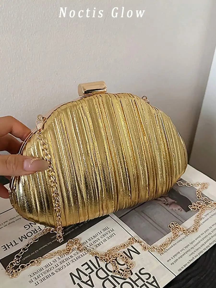 Borsa Clutch Dorata da Donna con Decorazioni in Metallo, Mini Borsa a Scatola, Borsa a Tracolla con Catena per Serate ed Eventi