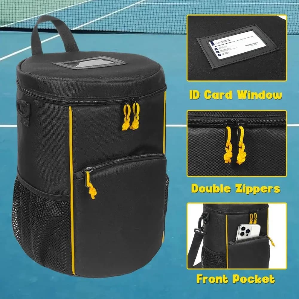 Large Capacity Tennis Storage Bag Shoulder Strap Two Way Zippers Tennis Carry Backpack Waterproof Black Tennis Balls Holder Bag
