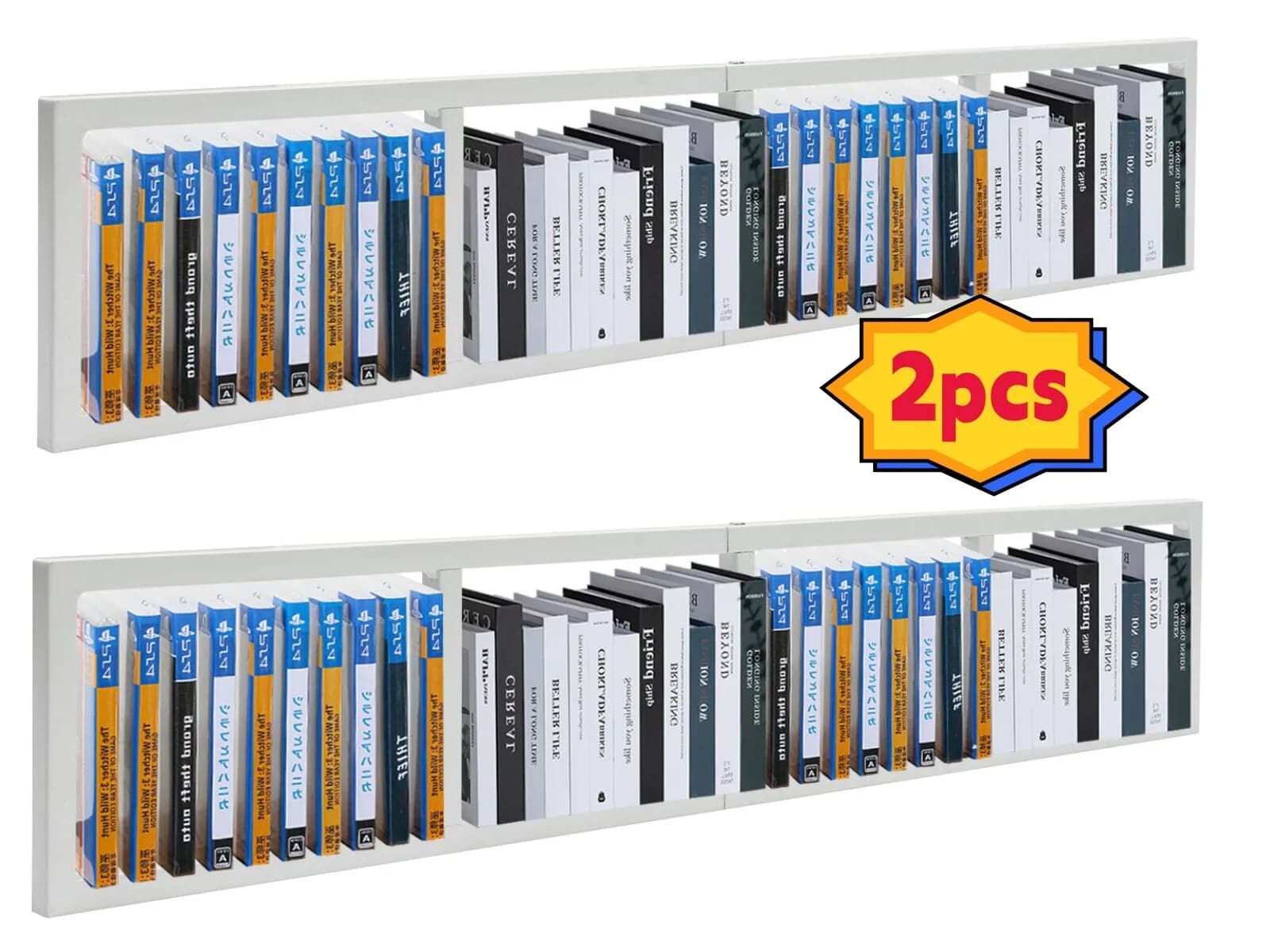 Rack di archiviazione multimediale da 34 pollici per montaggio a parete da 2 pezzi, ripiano in metallo per organizer per CD DVD bianco