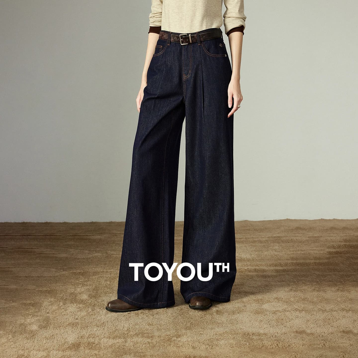 TOYOUTH Jeans da donna 2025 Inverno Nuovo Jeans asimmetrici a vita alta a gamba larga bianchi non sbiancati in puro cotone