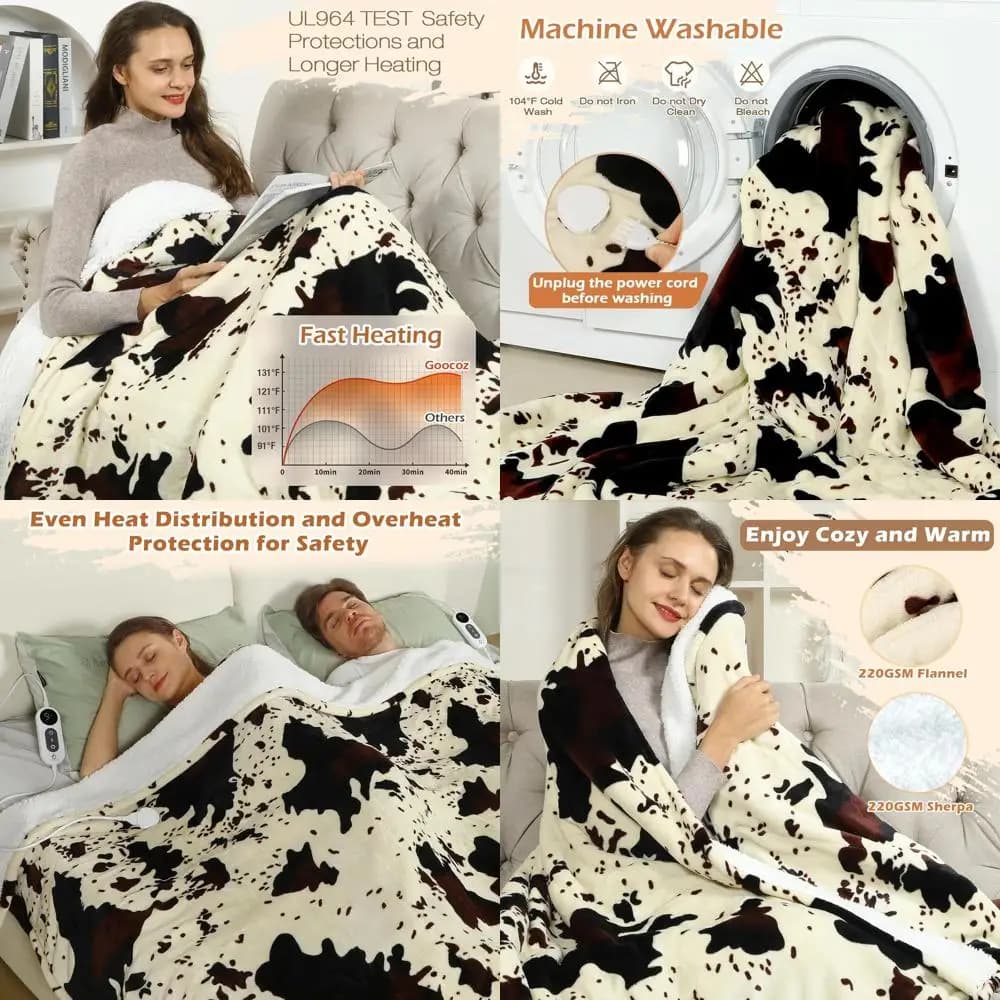 Coperta elettrica Sherpa con stampa mucca queen size con 9 impostazioni di calore e timer di spegnimento automatico