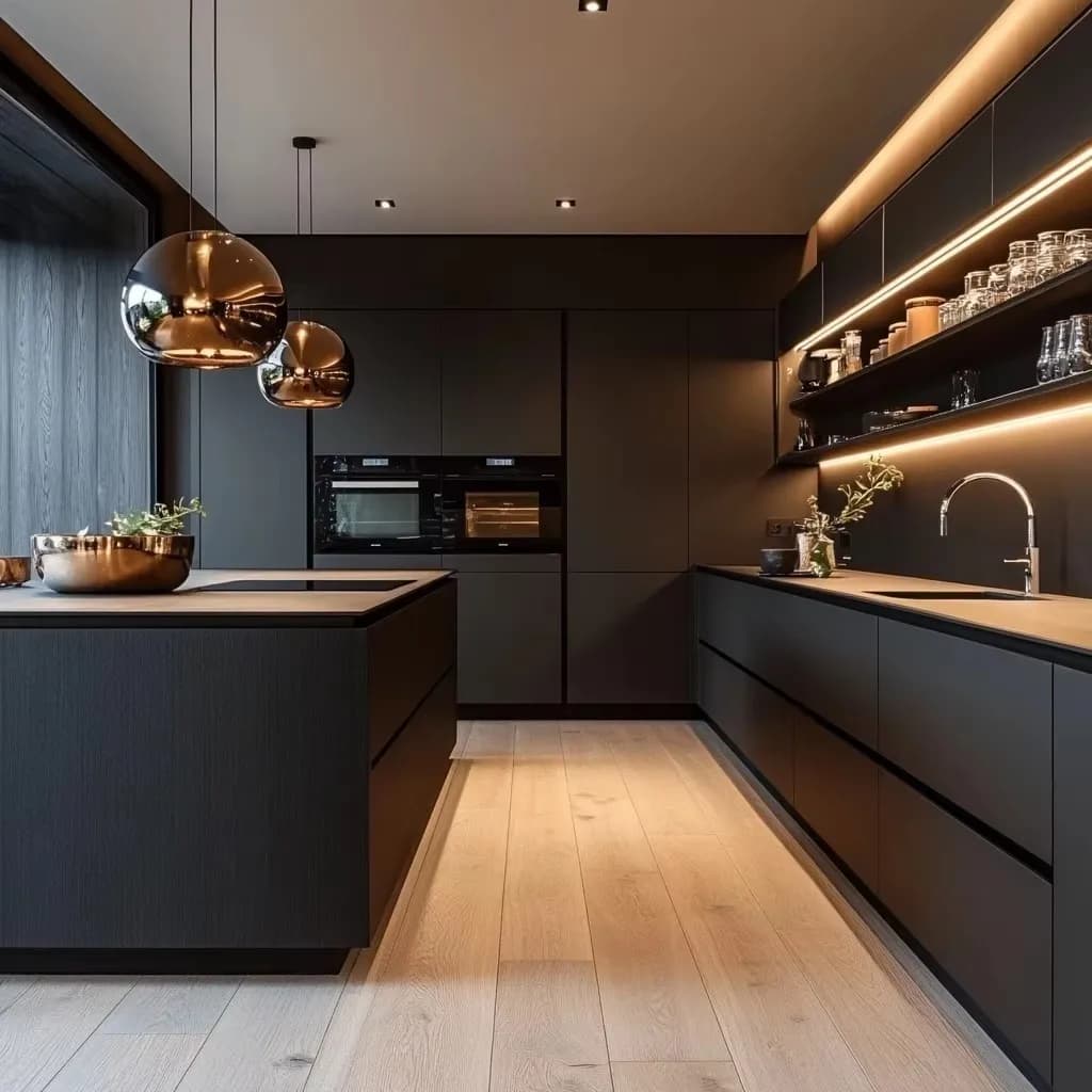 Mobili da cucina intelligenti montati di lusso Finitura laccata con carcassa in legno massello con controsoffitto al quarzo con armadietto aperto ad isola curva leggera