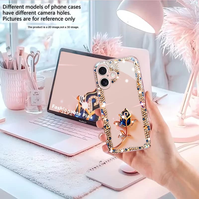Diamond Blue‑Gold Rose Pink Metallic Glass Phone Case For iPhone 11 12 13 14 15 16 17 Pro Max Plus 17Air 16E 7 8 X XsMax Cover