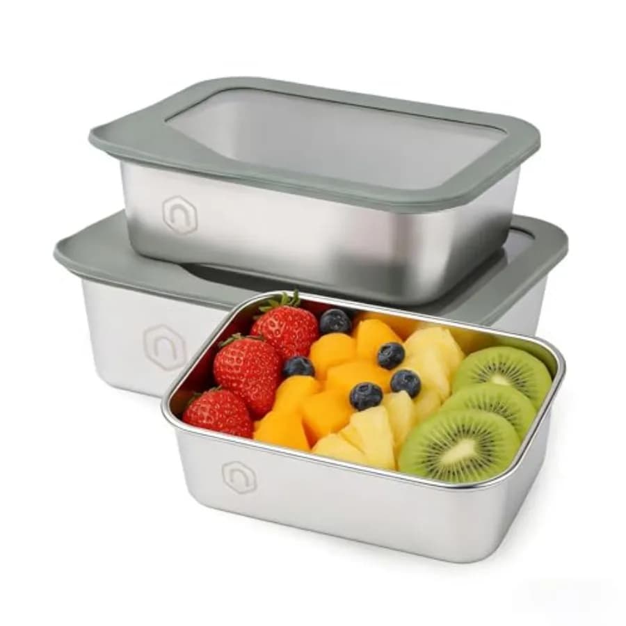 Set di 3 Contenitori per Alimenti in Acciaio Inox con Coperchi in Vetro, 22/40/74 oz, Ermetici e Antiperdita, per Preparazione Pasti e Pranzo