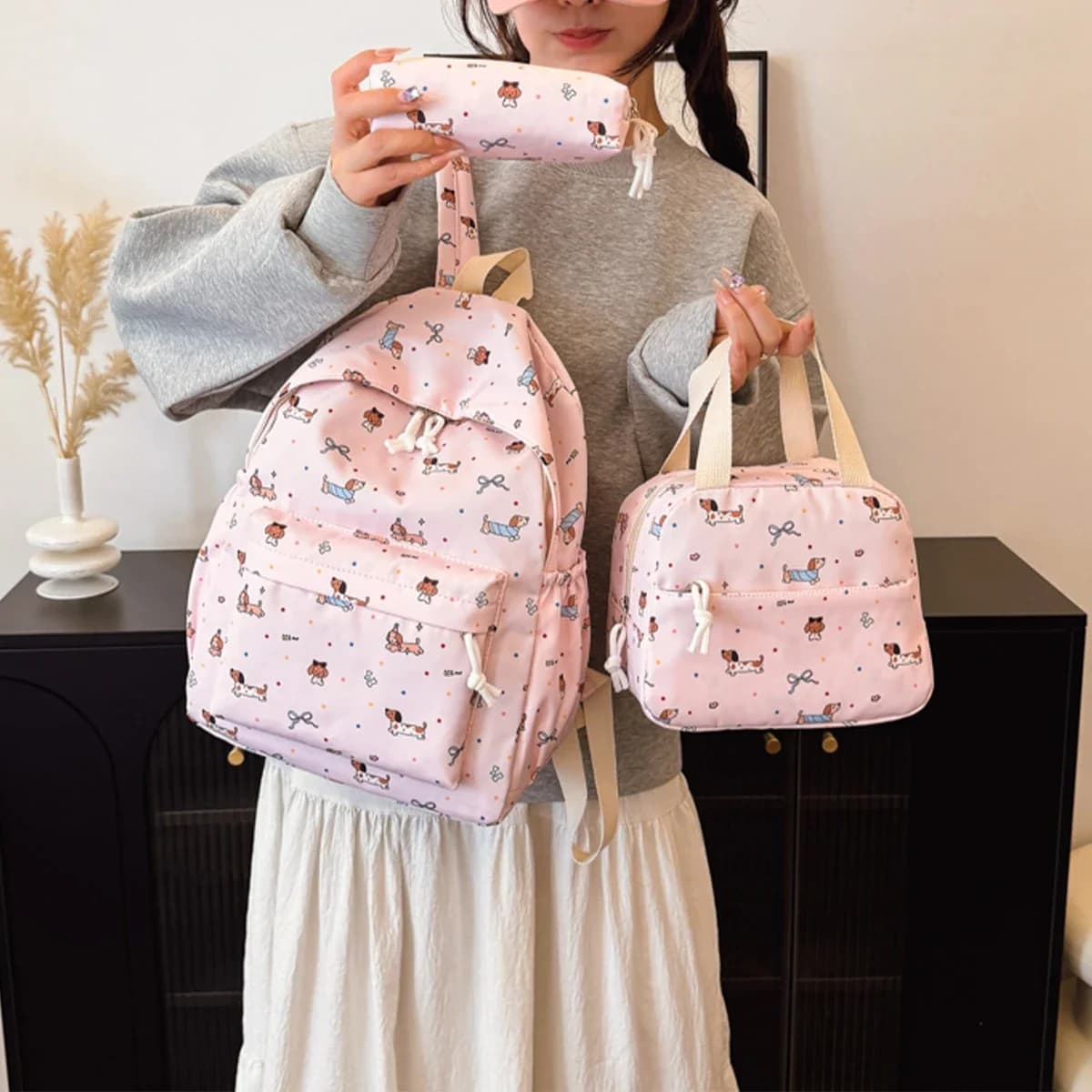 Adjustable Straps Daily Commute Cute Cartoon Backpack Set Women 3Pcs Handbag&Pencil Case Large Capacity Nylon School Set