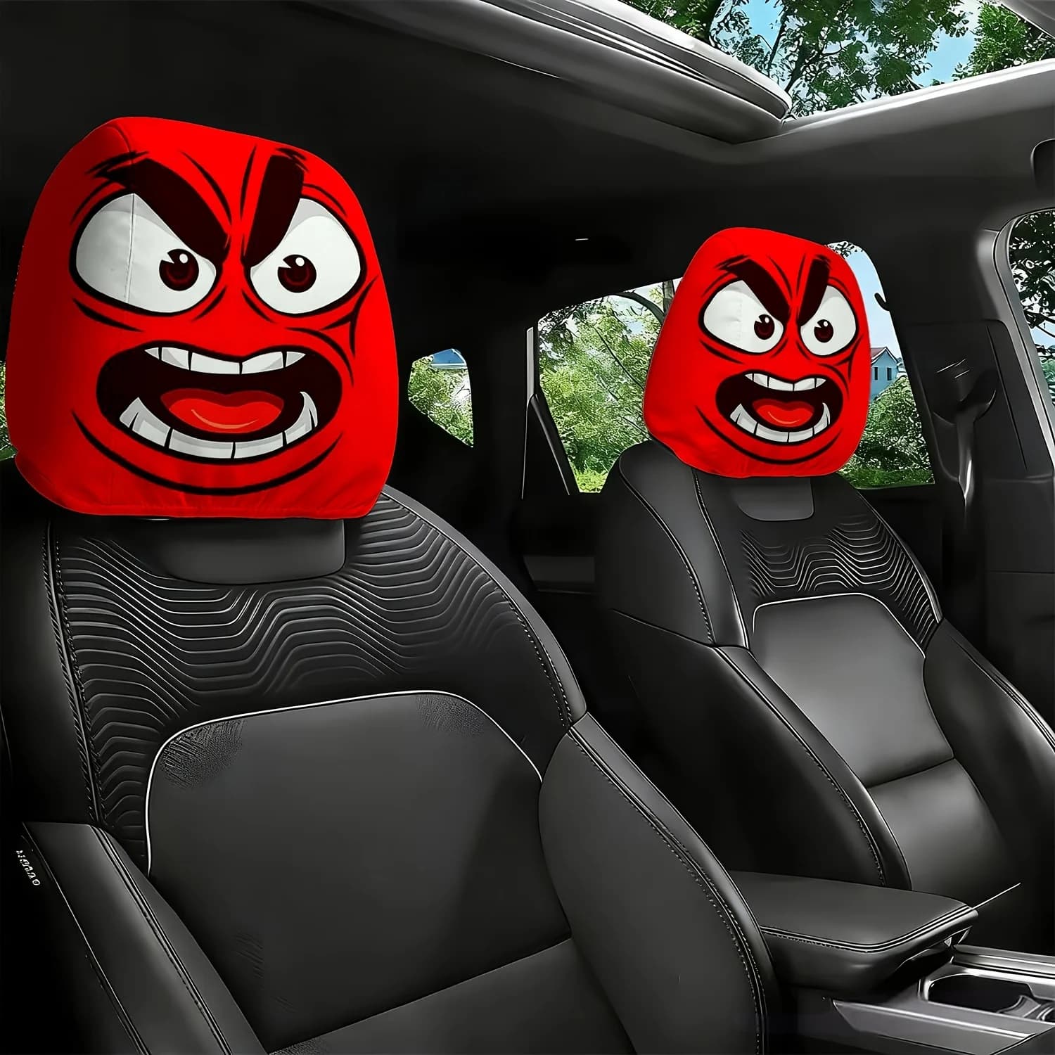 2 copri poggiatesta per auto con faccina arrabbiata rossa, adatti per Fit, protezioni per poggiatesta morbide e traspiranti con stampa di faccine arrabbiate, W