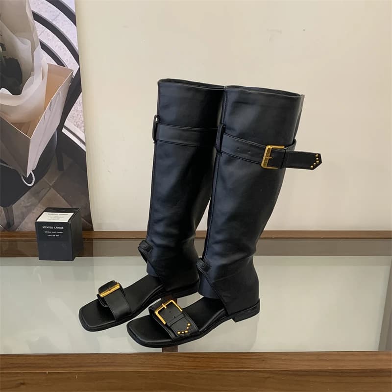 Eilyken Stivali alla Moda con Cinturino e Fibbia, Sandali da Donna con Tacco Basso e Punta Quadrata, Stivaletti al Ginocchio per Primavera Estate, Scarpe Eleganti da Festa