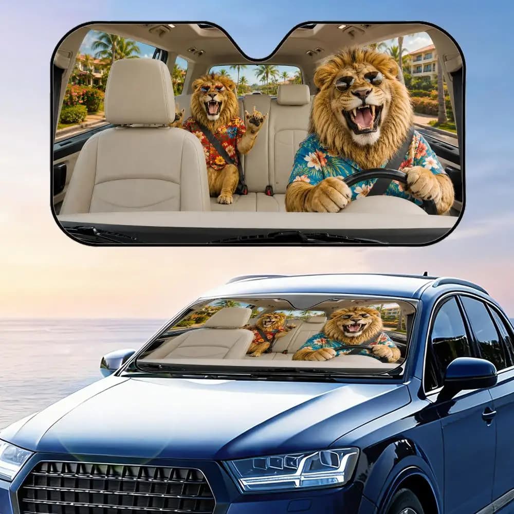Parasole per Auto con Leone in Camicia Hawaiana, Protezione UV, Riflettente, Pieghevole, Isolante Termico