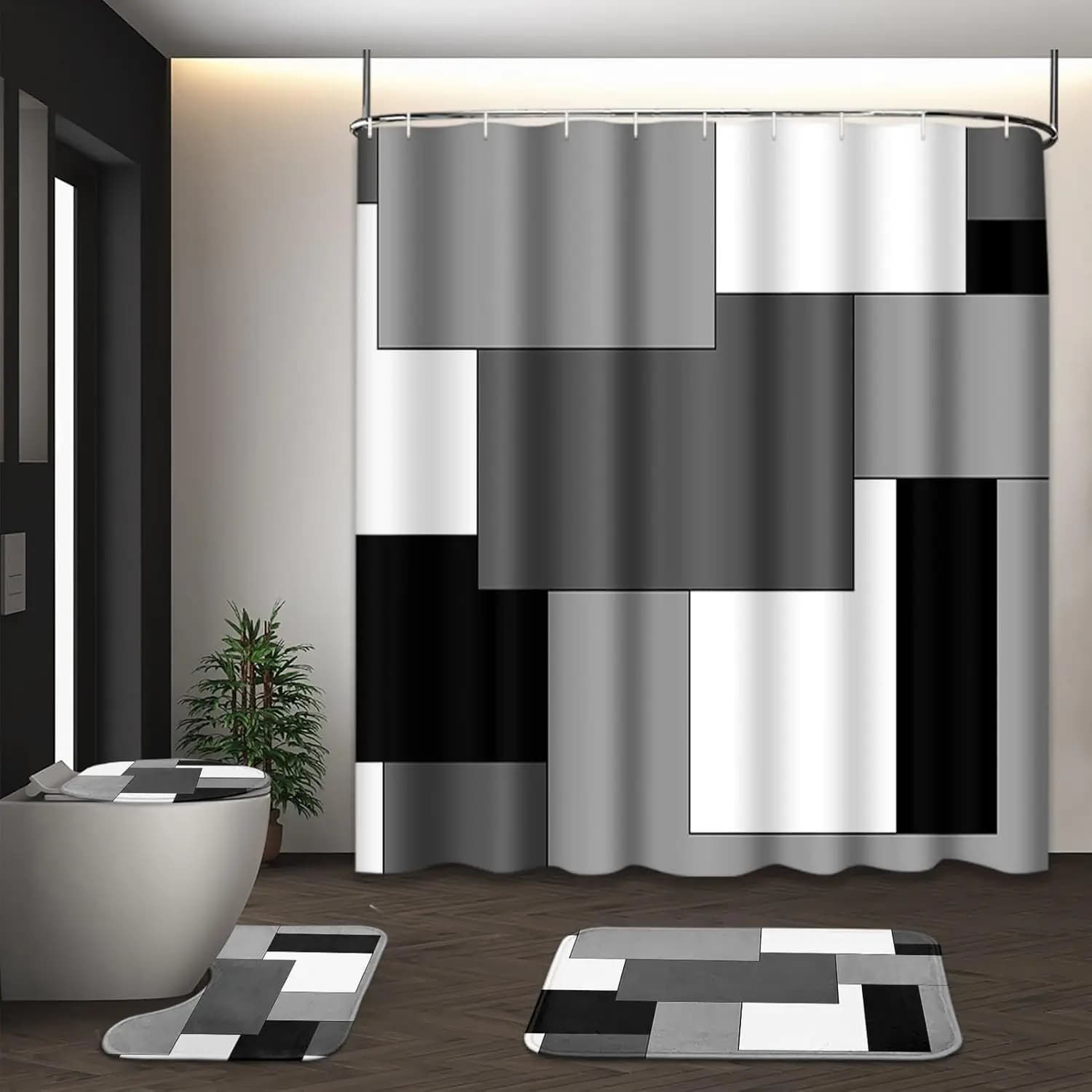 Modern Set of Geometric Shower Curtains with Copriwater, Anti-slip Mats and Bath Hooks