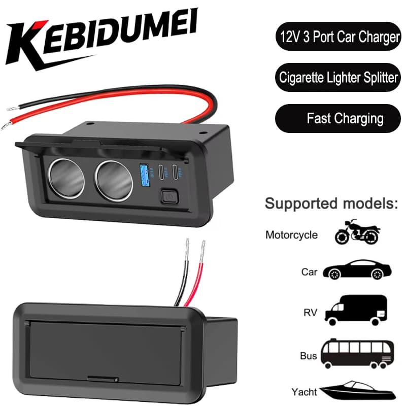 NEW 12V QC3.0 & Dual PD3.0 Car Charger Power Adapter Outlet Cigarette Lighter Multi Socket with Switch for Car Marine RV