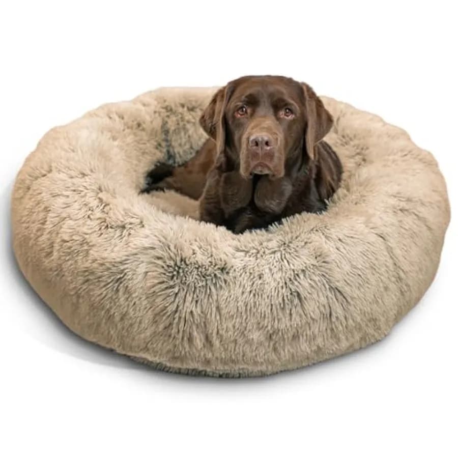 Il Letto per Cani Calming Donut Originale per Cani fino a 45 kg, in Finta Pelliccia Shag, Colore Taupe, 91 cm x 91 cm