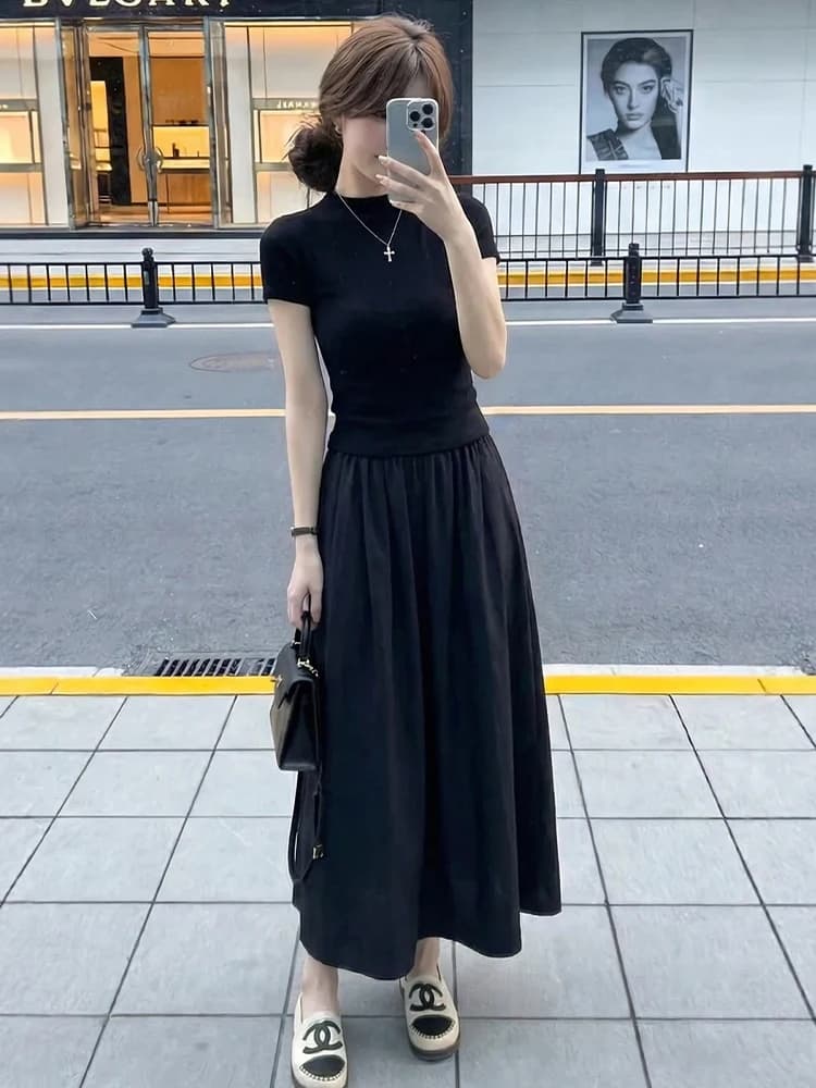 Elegant Black Top And Skirt Set Women's Fashion Spring Summer Outfit High-End Sensation Half-length A-line Skirt T-shirt