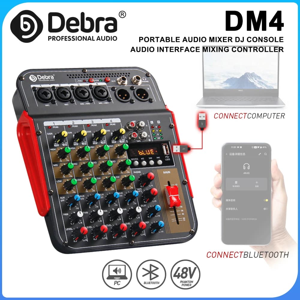 Mixer audio DM4 a 6 canali, console DJ con alimentazione phantom 48V, Bluetooth, registrazione e riproduzione USB su PC per karaoke, feste all'aperto