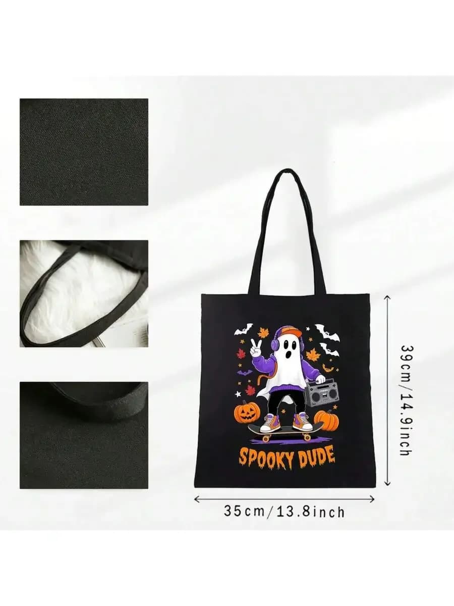 Black Spooky Dude Halloween Tote Bag With Pumpkin And Skateboard Design Casual Adult Handbag