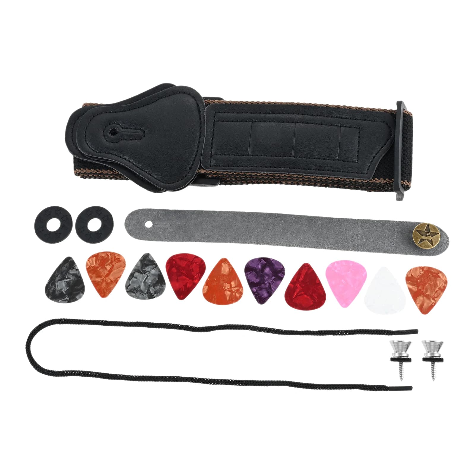 17 pezzi/set tracolla per chitarra in nylon con supporti per plettri, bottoni per cinghia, chiusure per cinghia, fibbia per cintura, cravatta per paletta per acustica/guitarra/basso