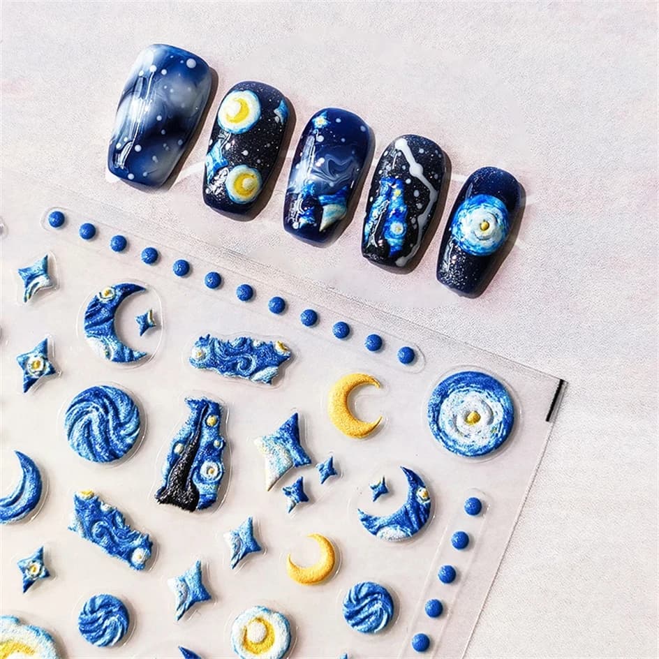 Blue Starry Night 5D Soft rilievo rilievo autoadesivo Nail Art decorazione adesivi Dressy White Stars 3D Manicure decalcomanie donna